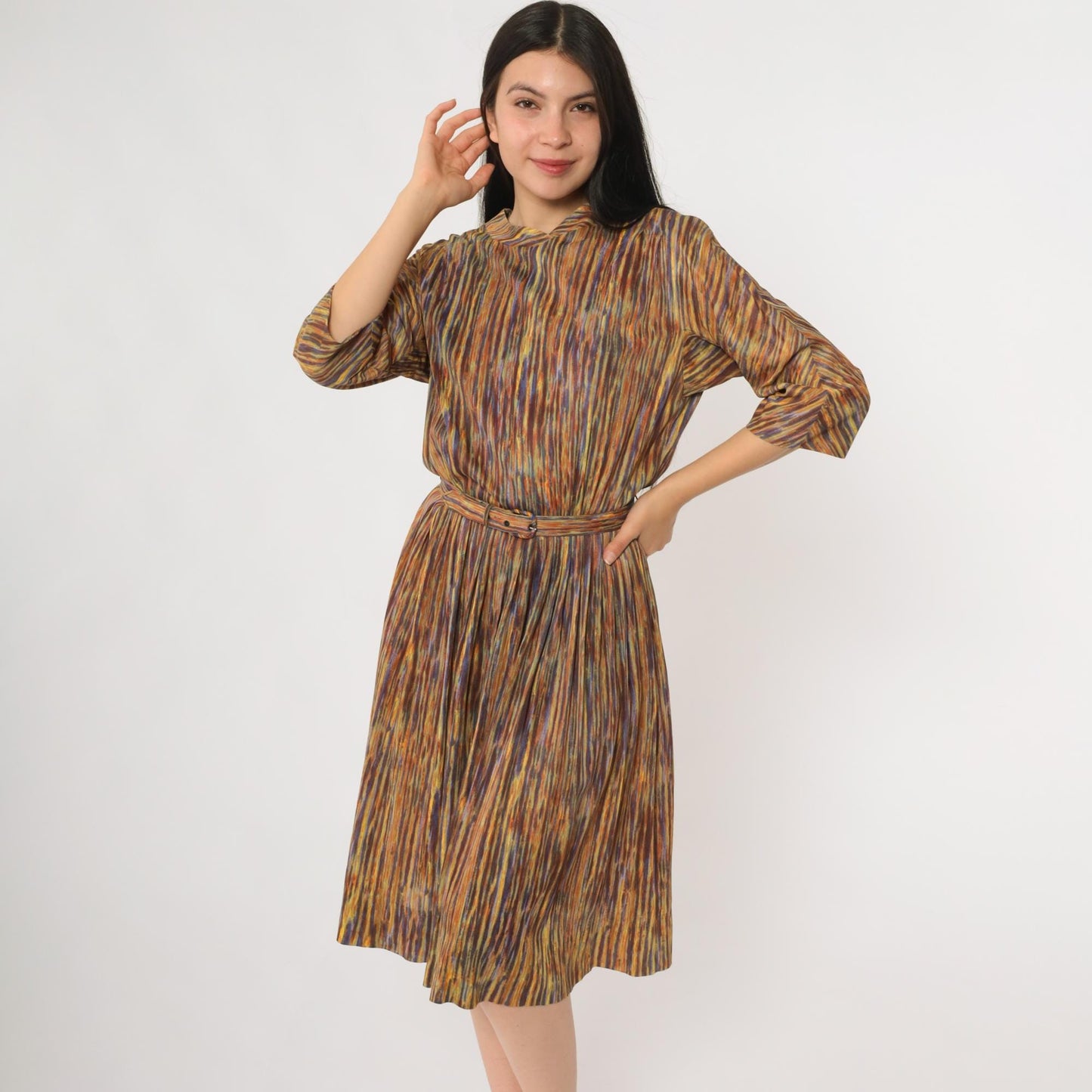 60s Nelly Don Abstract Stripe Midi Dress Rainbow V-Neck A-Line Medium