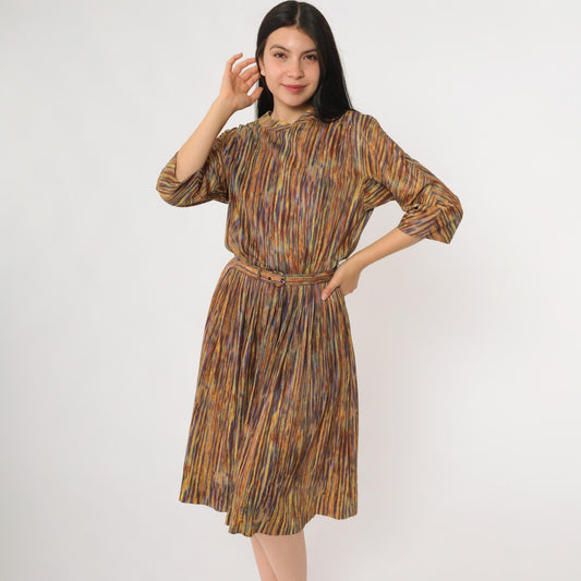 60s Nelly Don Abstract Stripe Midi Dress Rainbow V-Neck A-Line Medium