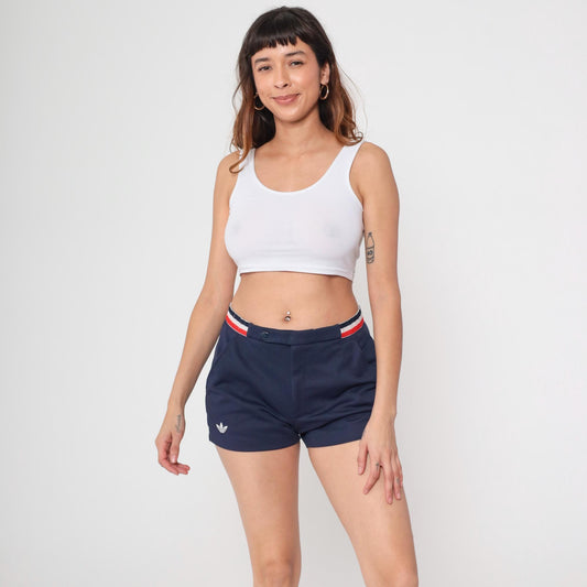 80s Adidas Navy Athletic Shorts Red White Stripe High Waist Medium M