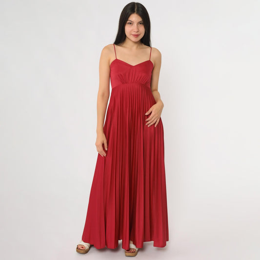 70s Red Pleated Maxi Dress Spaghetti Strap Empire Waist Extra Small
