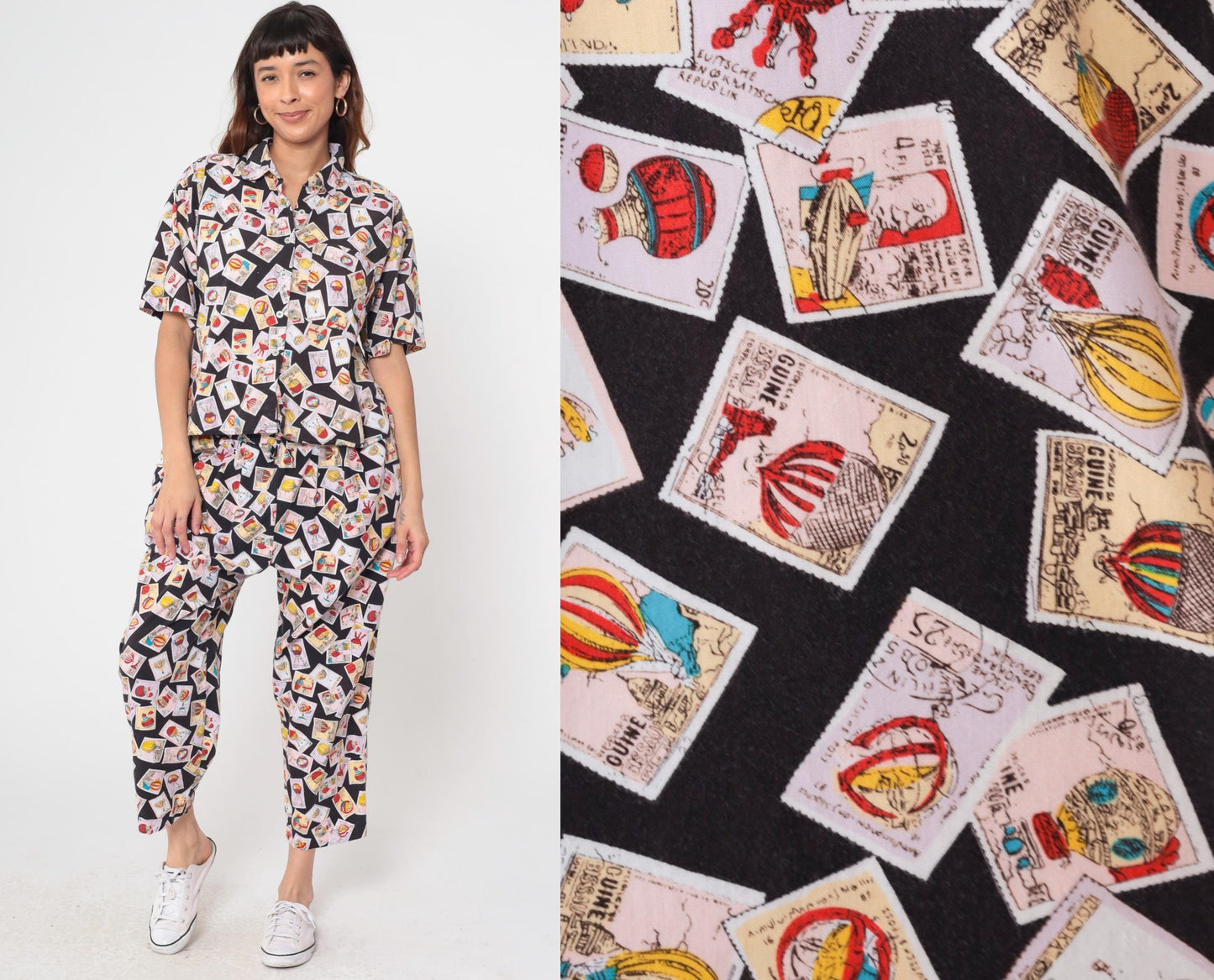 90s Hot Air Balloon Stamp Print Matching Set Shirt Pants Large L