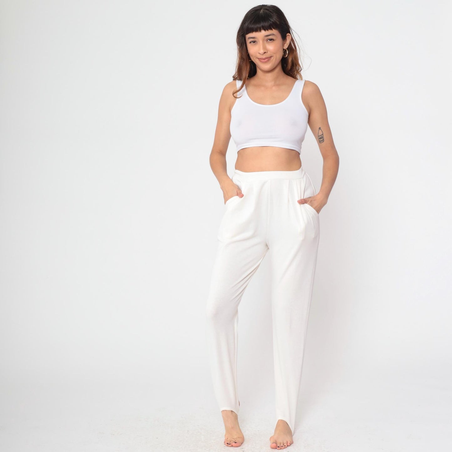 80s Cream Stirrup Pants High Waisted Tapered Trousers Medium M