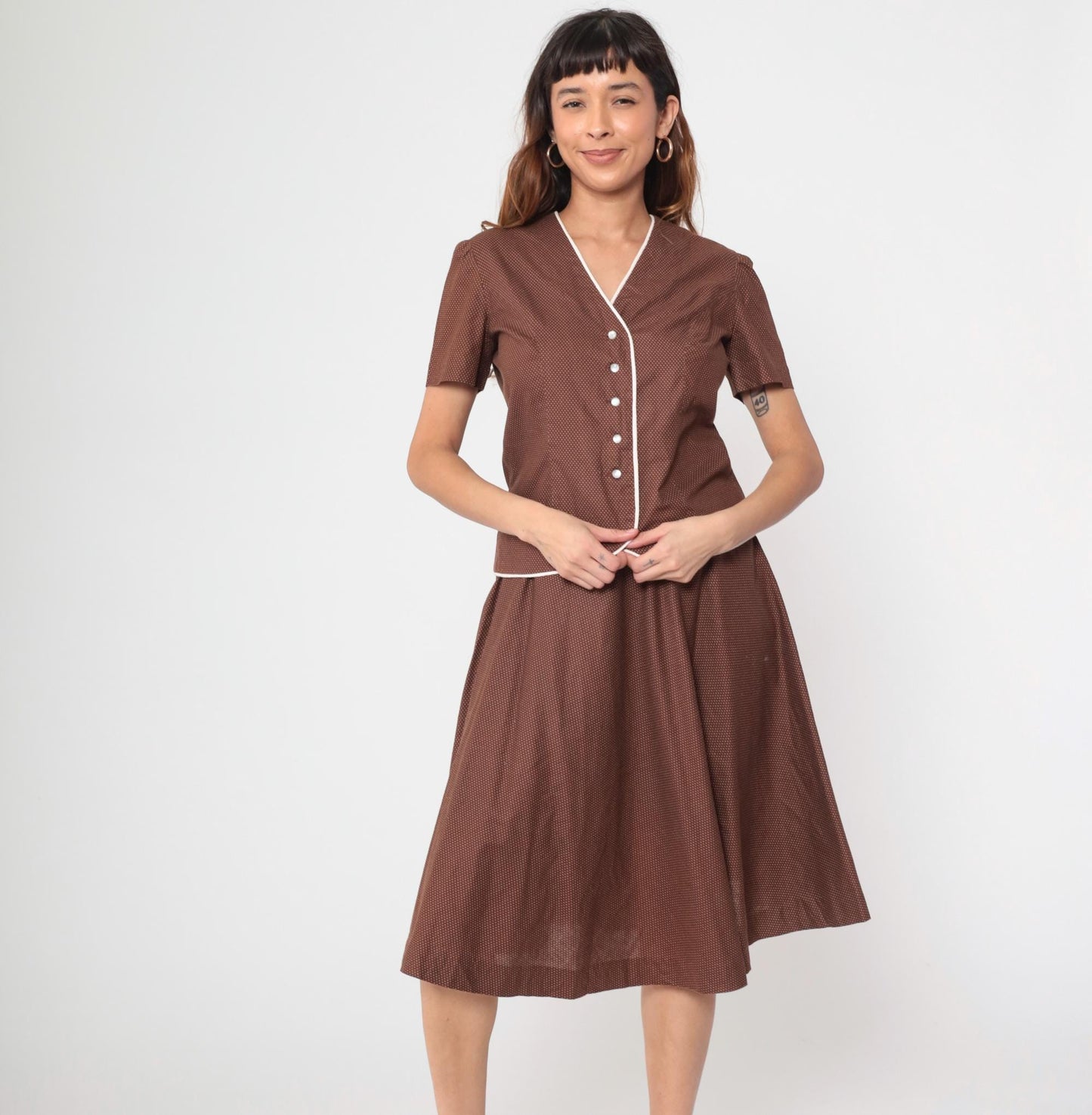 70s Brown Swiss Dot Two Piece Set Short Sleeve Blouse Pleated Mini Skirt Medium