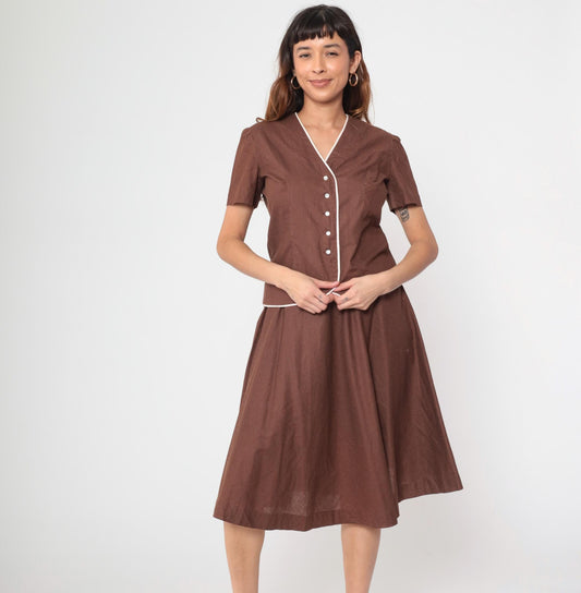70s Brown Swiss Dot Two Piece Set Short Sleeve Blouse Pleated Mini Skirt Medium