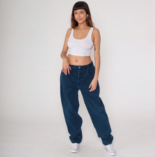 90s Guess High Waist Straight Leg Mom Jeans Dark Blue Denim Large L