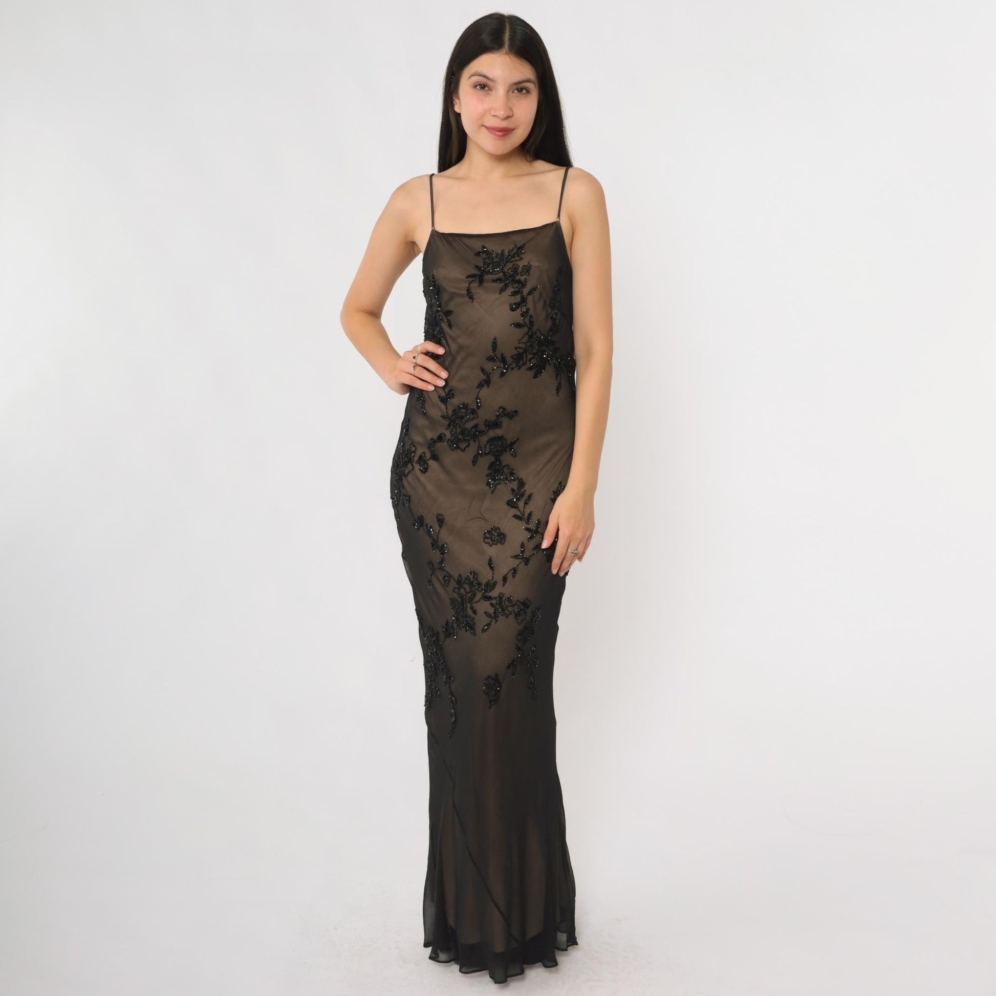 Y2K Marina Bresler Black Silk Beaded Maxi Slip Dress Small S