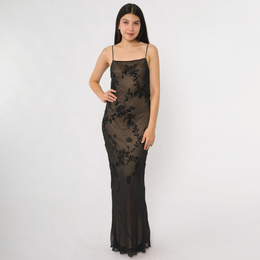 Y2K Marina Bresler Black Silk Beaded Maxi Slip Dress Small S