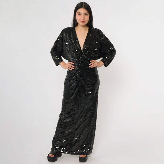 80s Oleg Cassini Black Sequin Evening Gown Plunge V Long Sleeve Open Back Medium