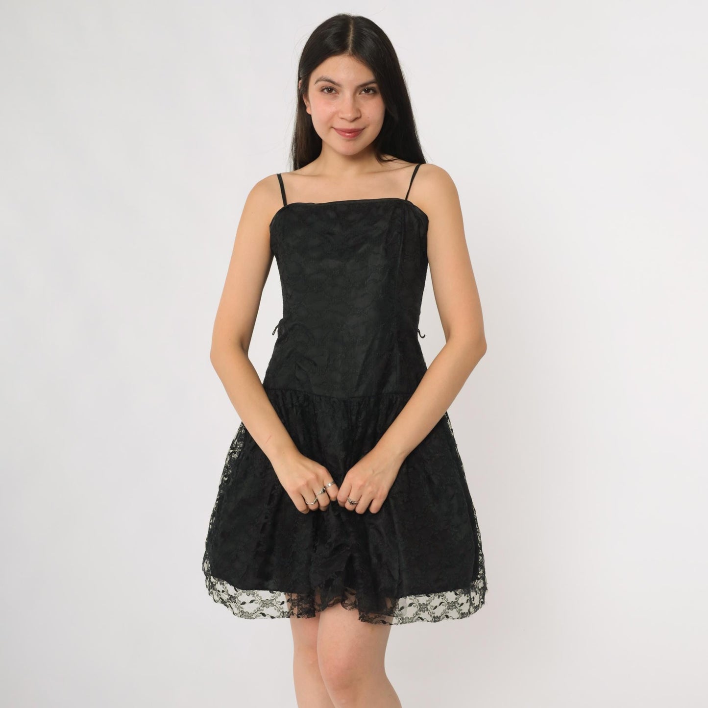 90s Black Lace Mini Dress Drop Waist Skater Prom Extra Small XS