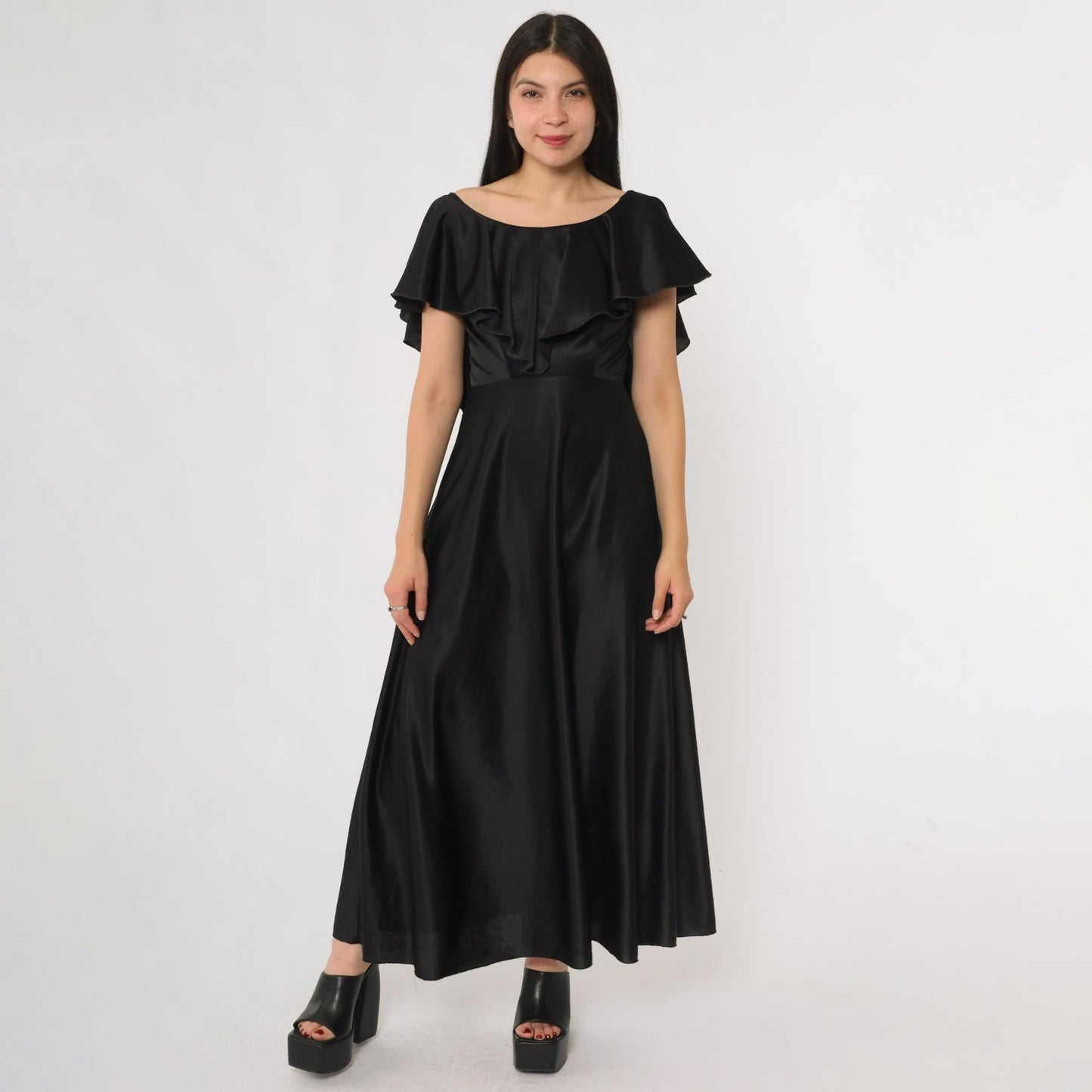 70s Black Satin Maxi Dress Flutter Sleeve Ruffle Overlay Small