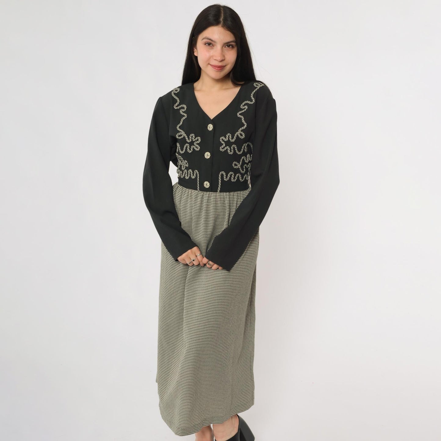 90s Kim Rogers Black Gingham Maxi Dress Embroidered Button Down Long Sleeve Large L