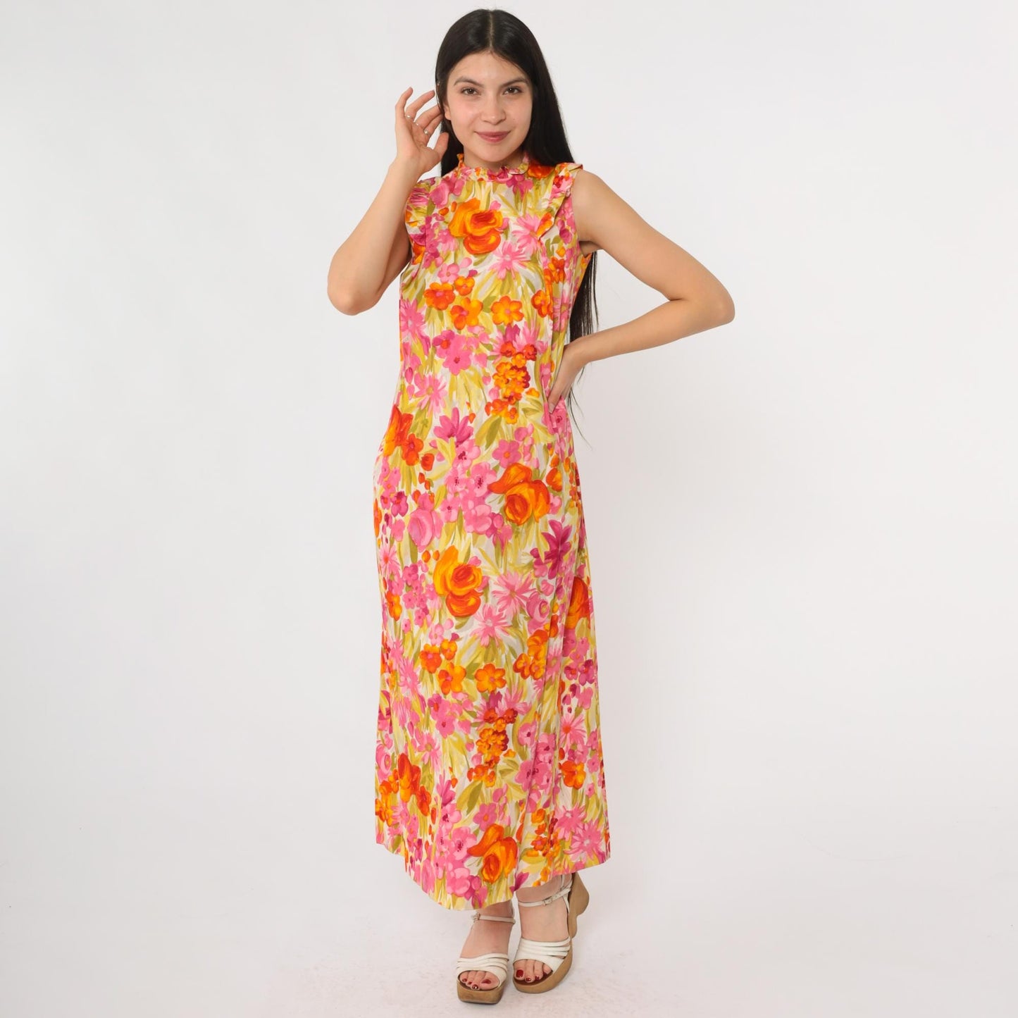 70s McInerny Honolulu Hawaiian Maxi Dress Tropical Floral Barkcloth Small
