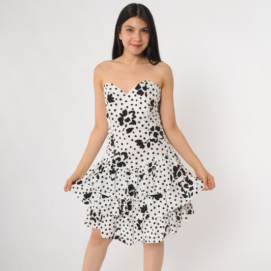 80s Rampage Strapless Mini Dress Black White Polka Dot Floral Sweetheart Small