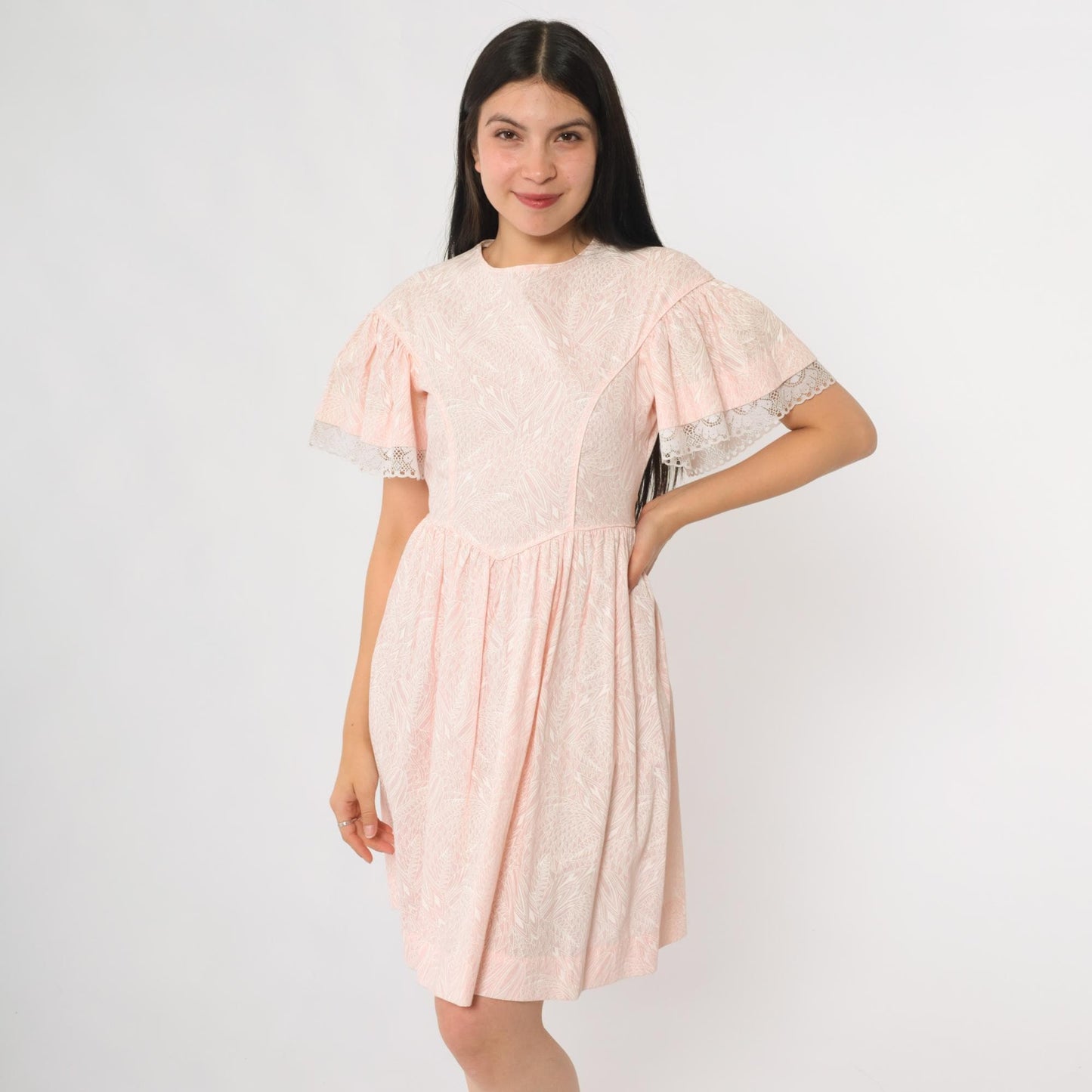 80s Pink Mini Dress White Leaf Print Flutter Sleeve Babydoll Tie Back Small S