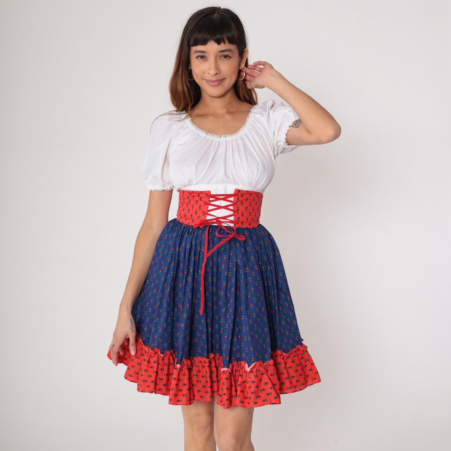 70s Folk Dirndl Dress Blue Floral White Puff Sleeve Red Corset Extra Small