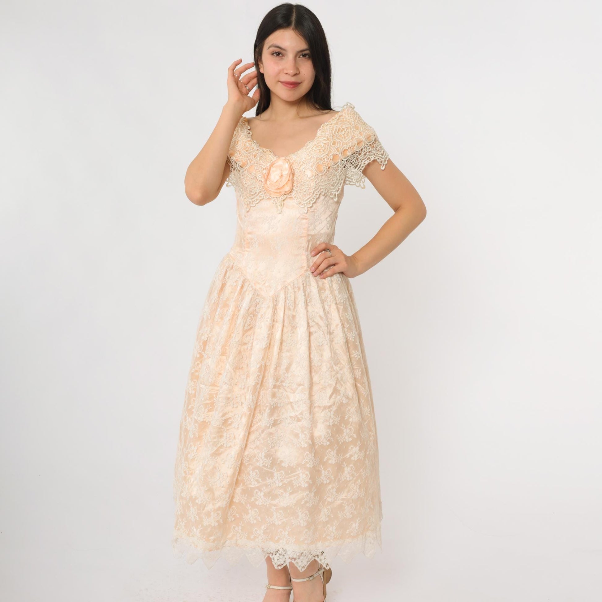 80s Scott McClintock Peach Lace Evening Gown Off-Shoulder Midi Small
