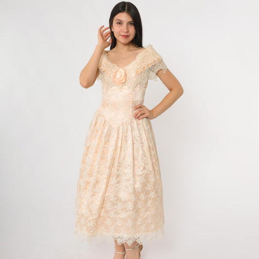 80s Scott McClintock Peach Lace Evening Gown Off-Shoulder Midi Small
