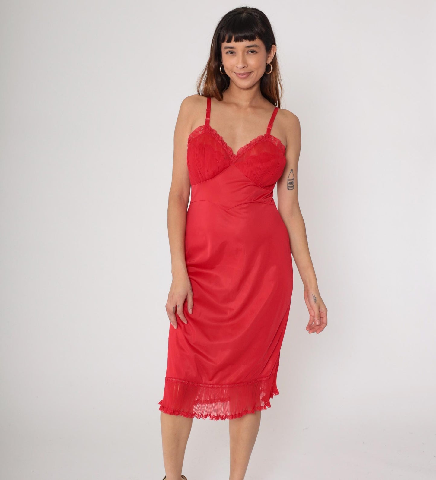 70s Shadowline Red Nylon Slip Dress Lace Trim Midi Spaghetti Strap Medium