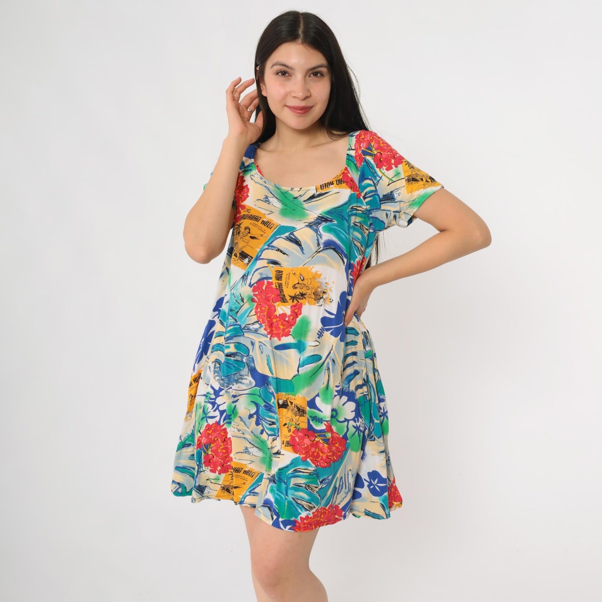 Y2K Jam's World Mini Dress Tropical Postcard Print Rayon Small S