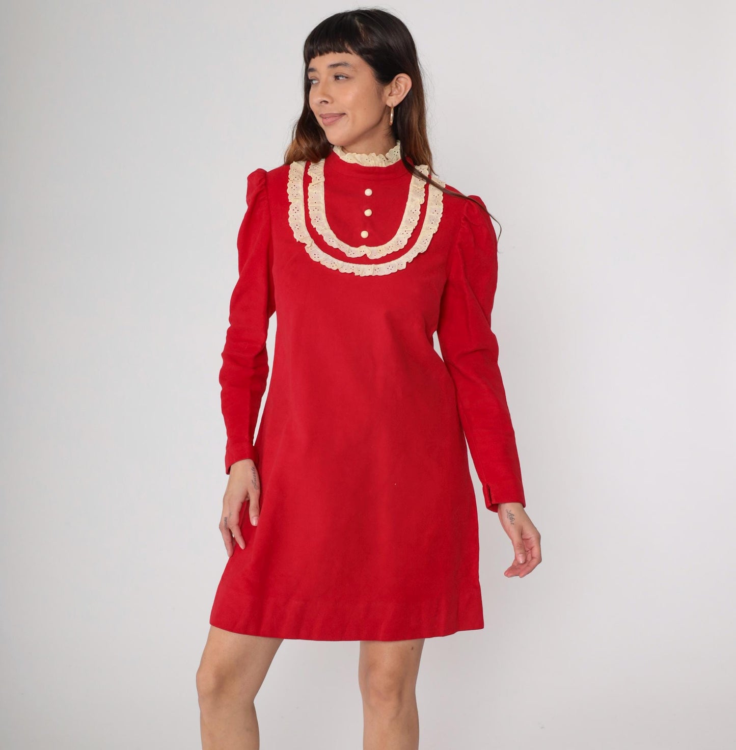 1960s Red Velour Mini Dress Eyelet Lace Puff Sleeve Small