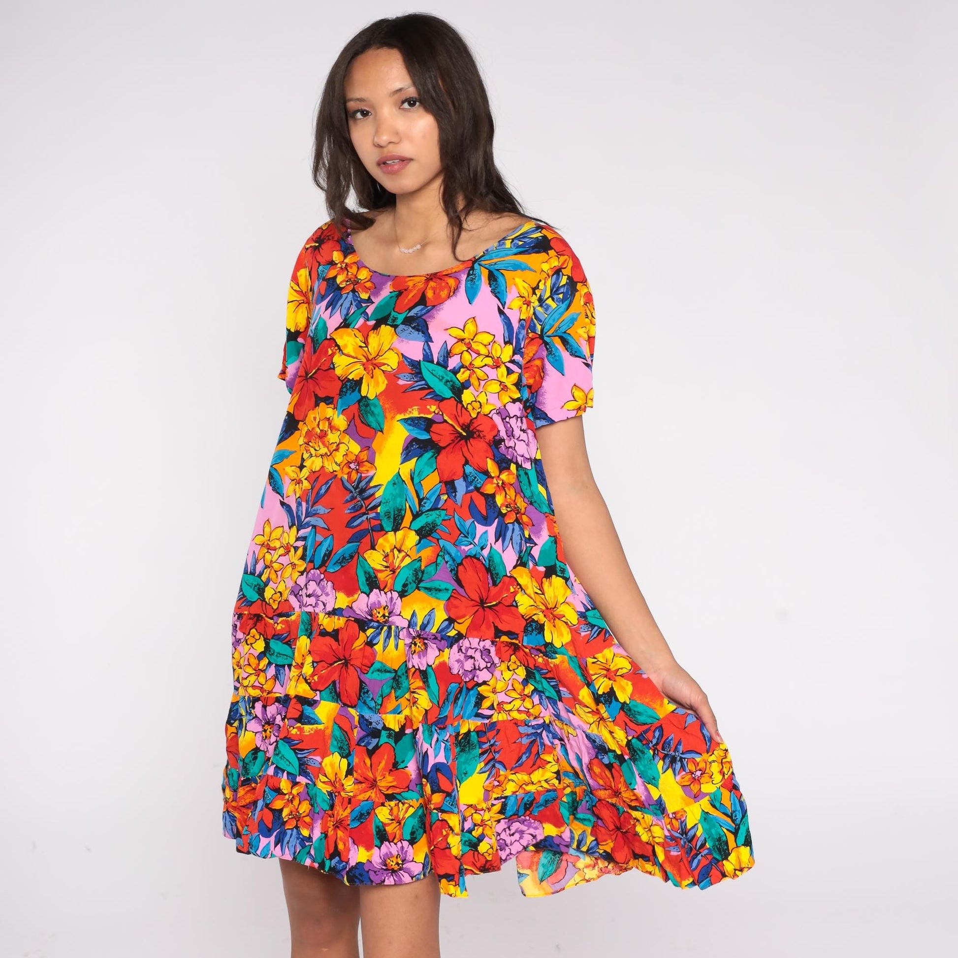 90s Tropical Floral Mini Dress Hibiscus Print Drop Waist Ruffle Medium M
