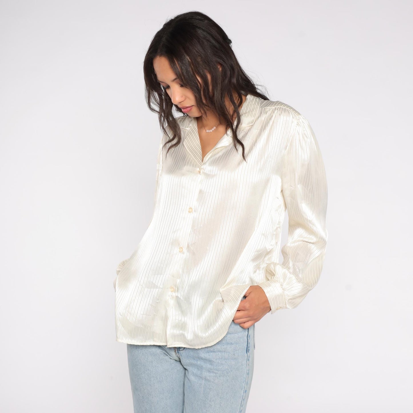 90s That's What! of California Satin Blouse Cream Striped Button Up V Neck Large