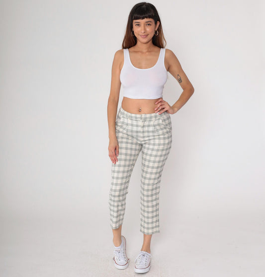 Y2K High Waist Grid Check Trousers Black White Plaid Ankle Crop Medium
