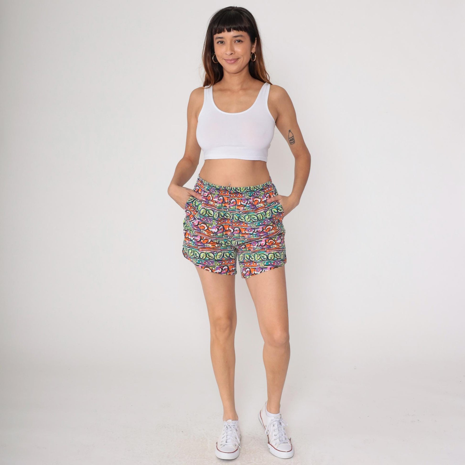 90s Victoria Harbor Cotton Shorts High Rise Abstract Geometric Print Medium