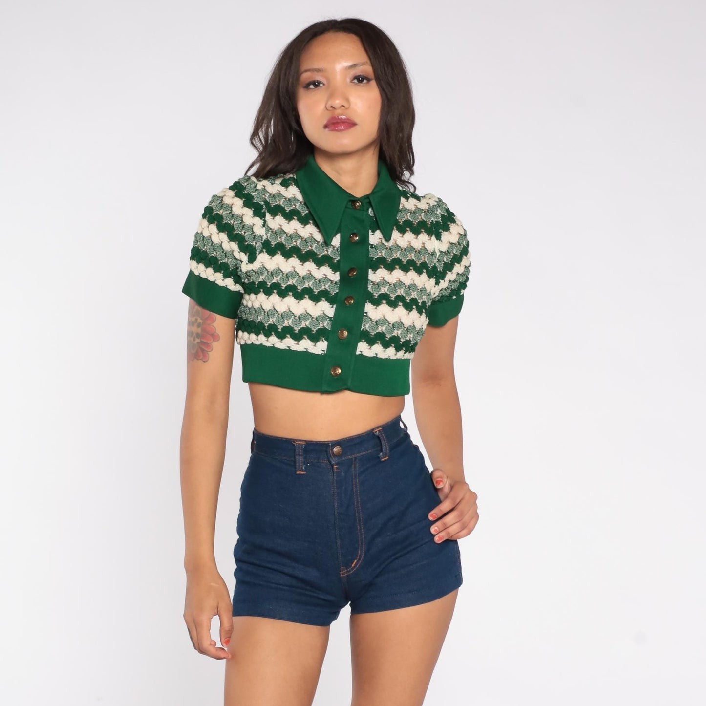 70s Emerald Green Chevron Knit Crop Cardigan Button Front Short Sleeve XS