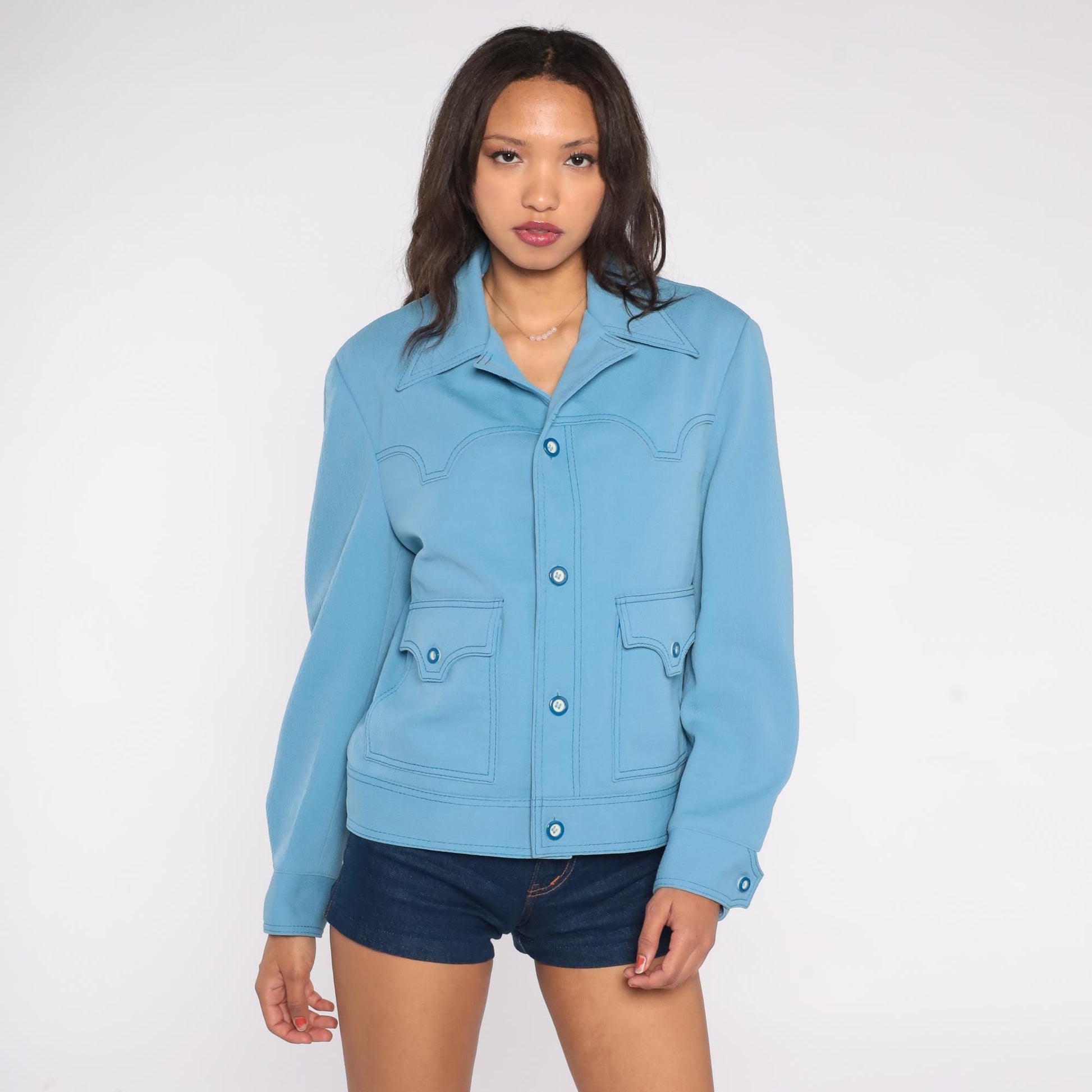 70s Light Blue Western Jacket Scalloped Yoke Stitch Detail Medium