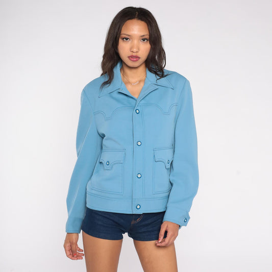 70s Light Blue Western Jacket Scalloped Yoke Stitch Detail Medium