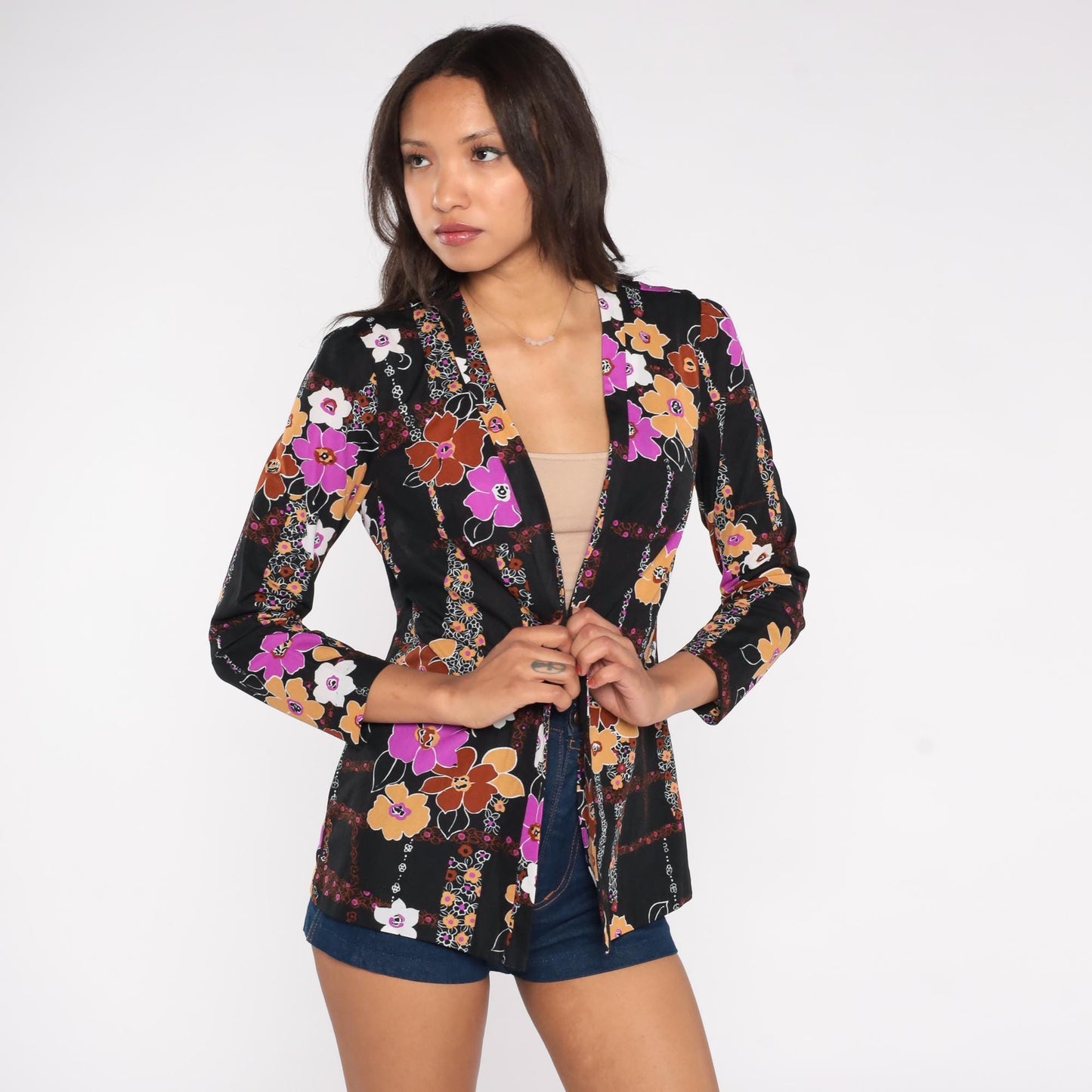 70s Floral Blazer Black Pink Orange Brown Flowers Open Front Small