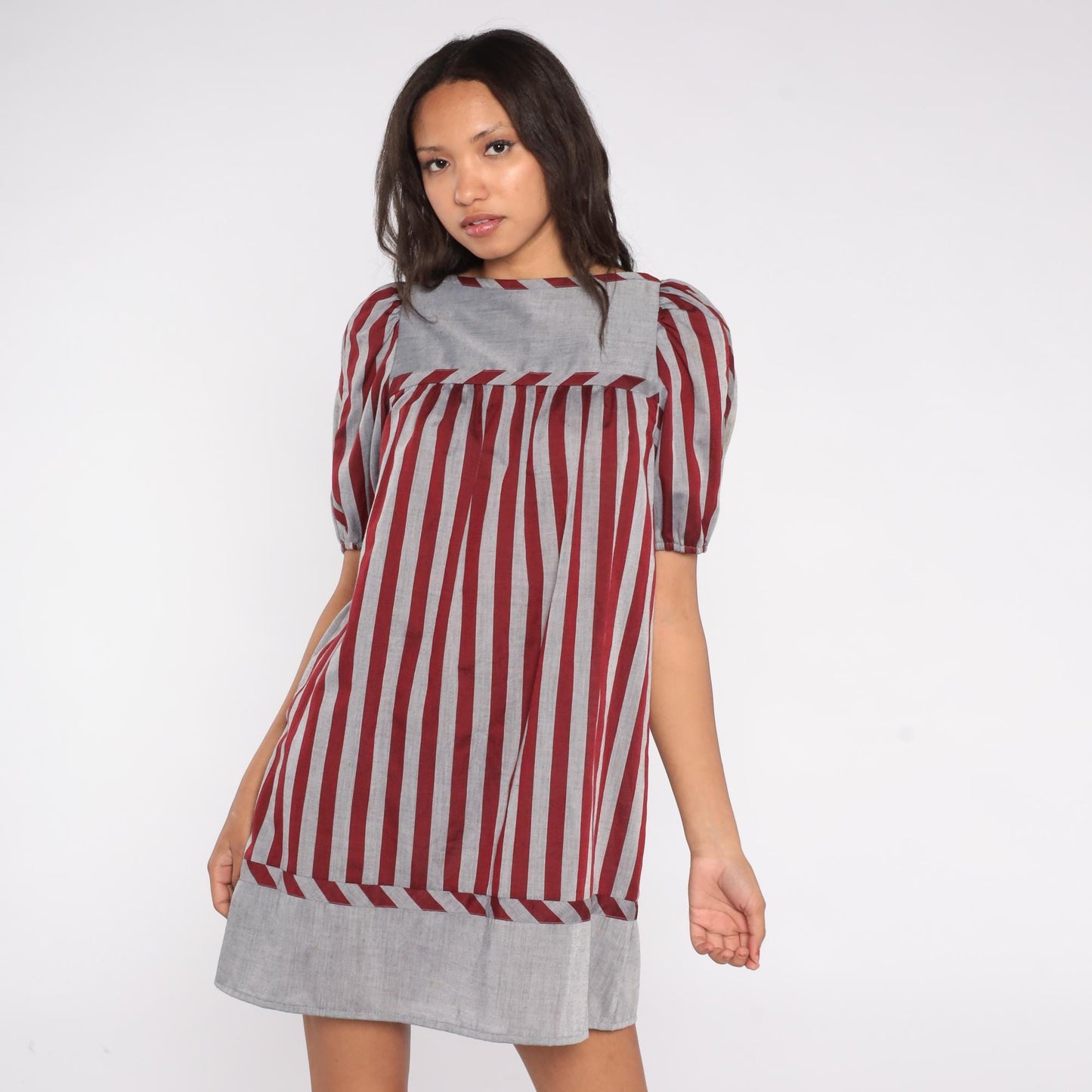 80s Mako Hawaii Striped Mini Dress Puff Sleeve Square Neck Red Grey Small
