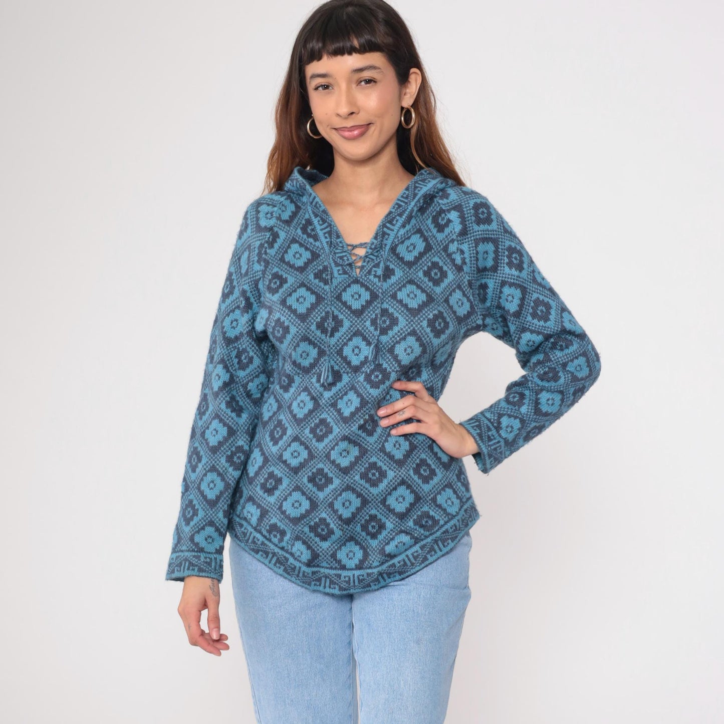 Y2K Slate Blue Geometric Southwest Hoodie Pullover Knit Medium M