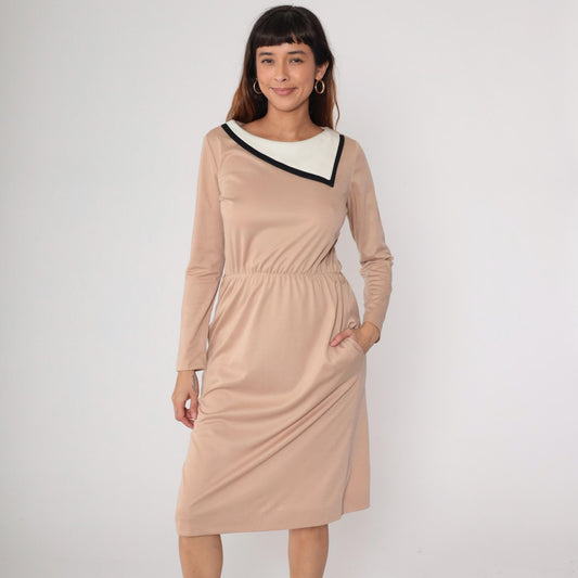 80s Color Block Midi Dress Tan Black White Geometric Long Sleeve Medium