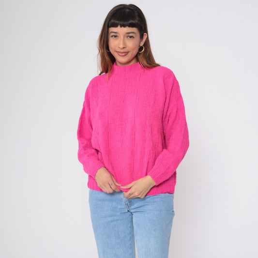 90s Hot Pink Mock Neck Sweater Textured Geometric Knit Medium M