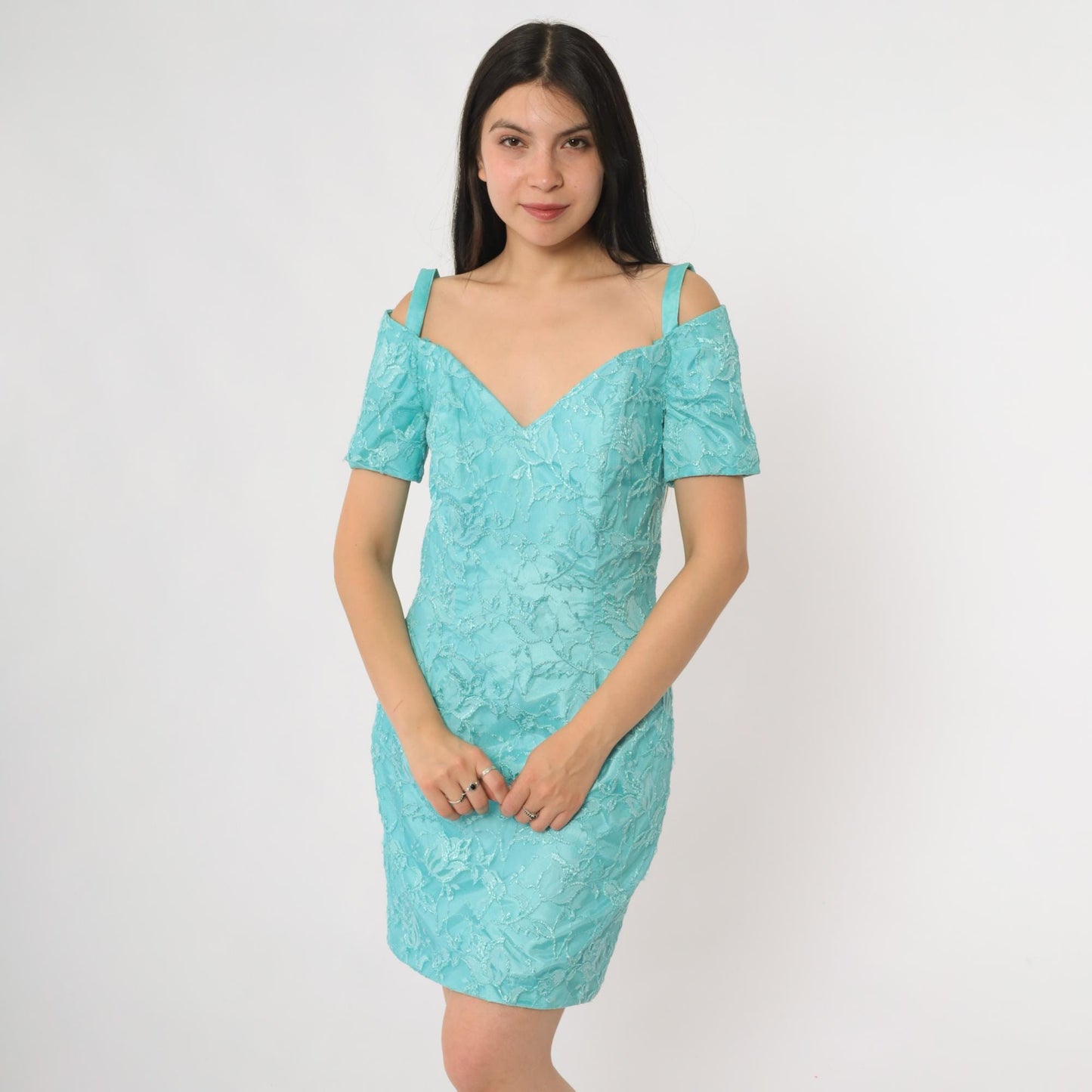 80s Turquoise Lace Mini Dress Off-Shoulder Sweetheart Neckline Short Sleeve Extra Small XS