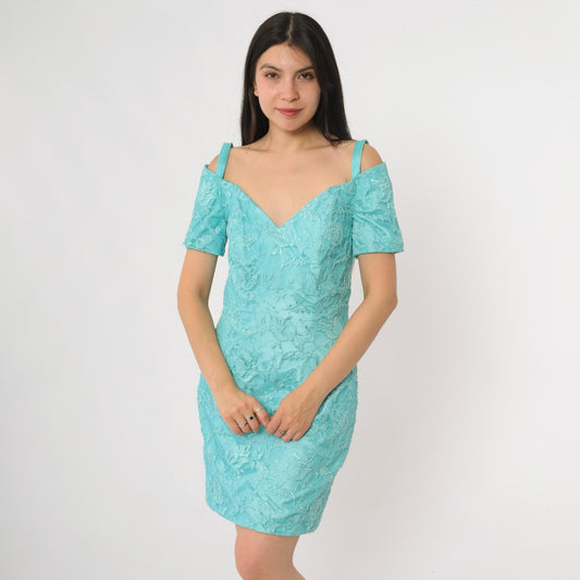 80s Turquoise Lace Mini Dress Off-Shoulder Sweetheart Neckline Short Sleeve Extra Small XS