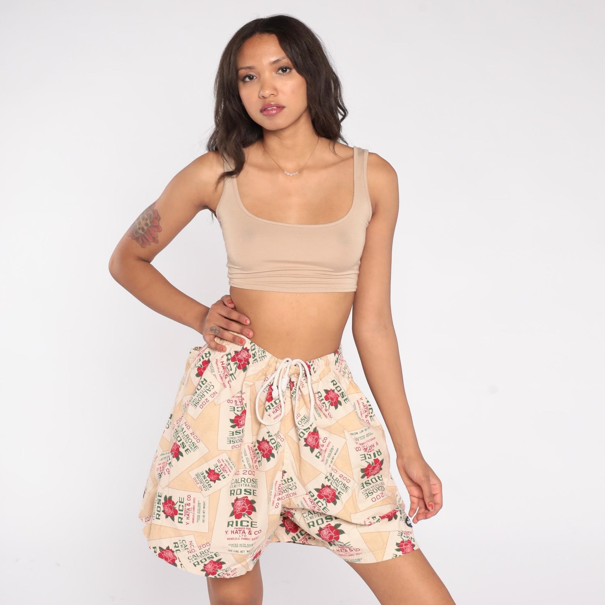 90s Calrose Rice Sack Shorts Y. Hata Honolulu Rose Print Drawstring Medium