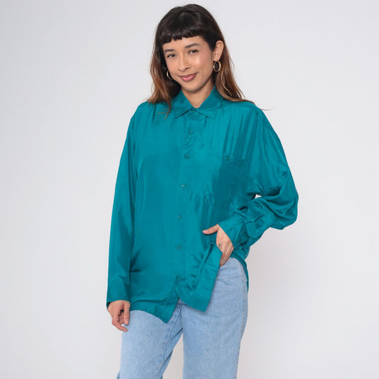 90s Olive Green Silk Button-Up Blouse Long Sleeve Chest Pocket Medium M