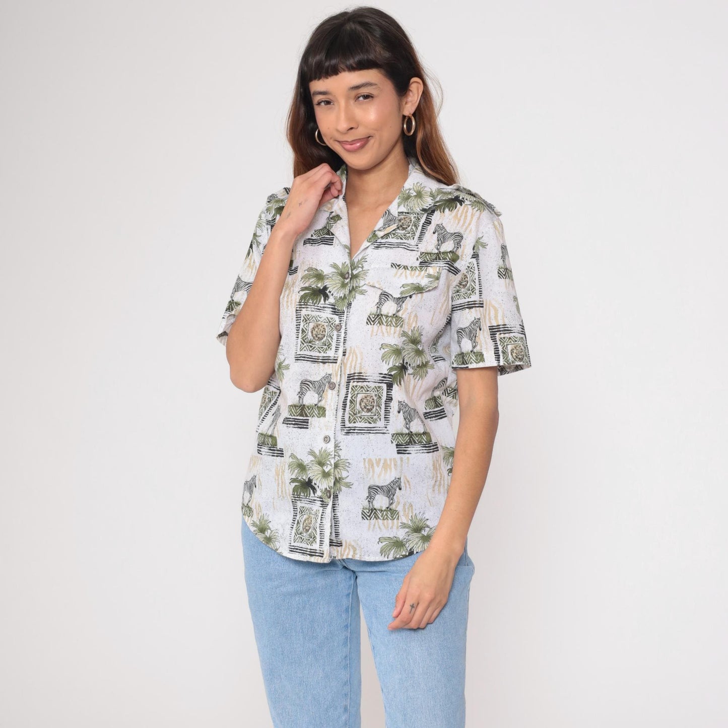 90s Safari Animal Print Button Down Shirt Zebra Lion Palm White Small
