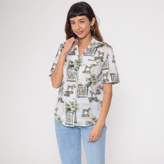 90s Safari Animal Print Button Down Shirt Zebra Lion Palm White Small