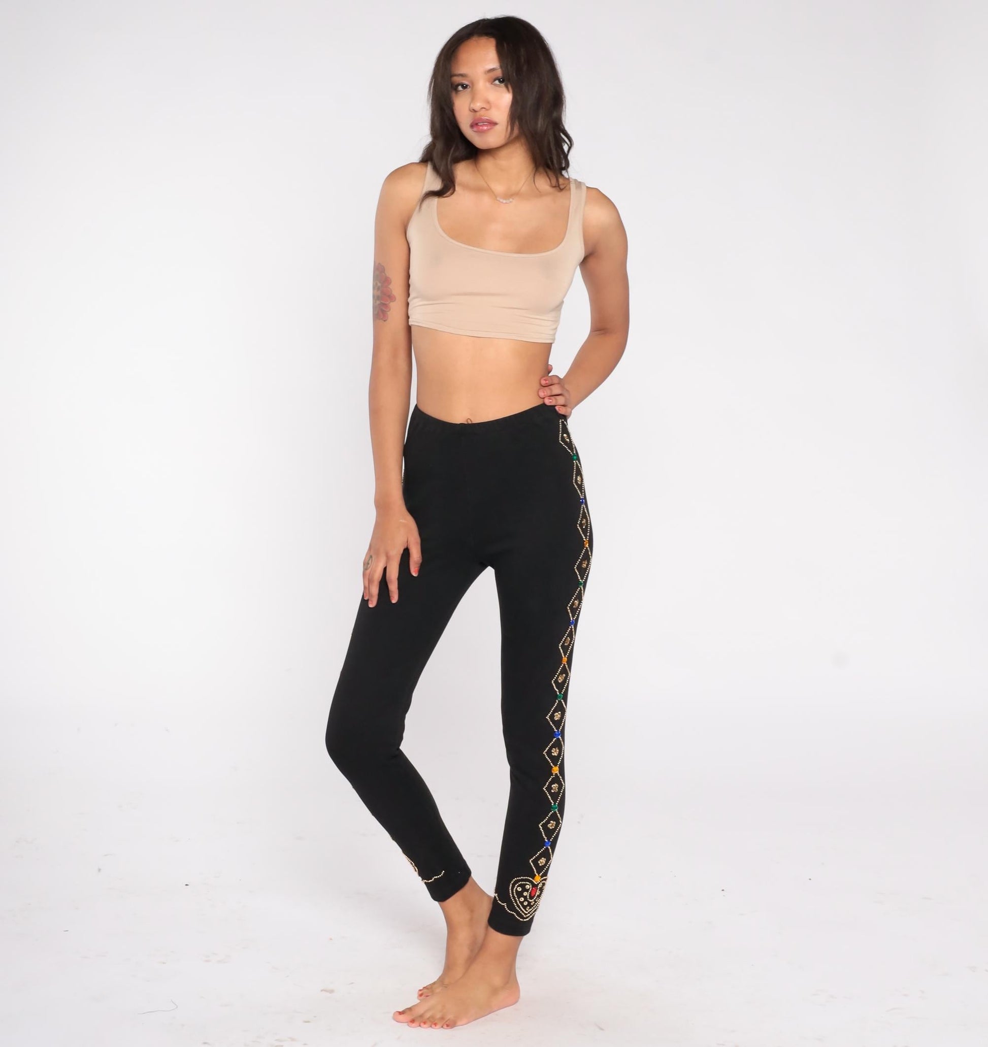 90s Contempo Casuals Black Beaded Leggings Gold Gemstone High Waist Medium M