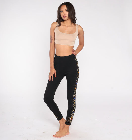 90s Contempo Casuals Black Beaded Leggings Gold Gemstone High Waist Medium M