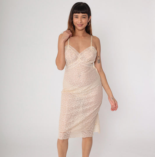 1940s Lace Slip Dress Nude Beige Floral Sheer Underwire Small