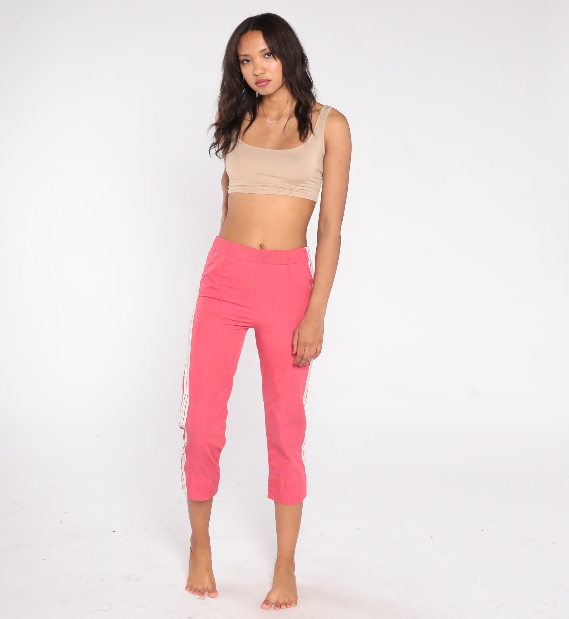 80s Sears Coral Pink Track Pants Capri White Side Stripe Extra Small XS