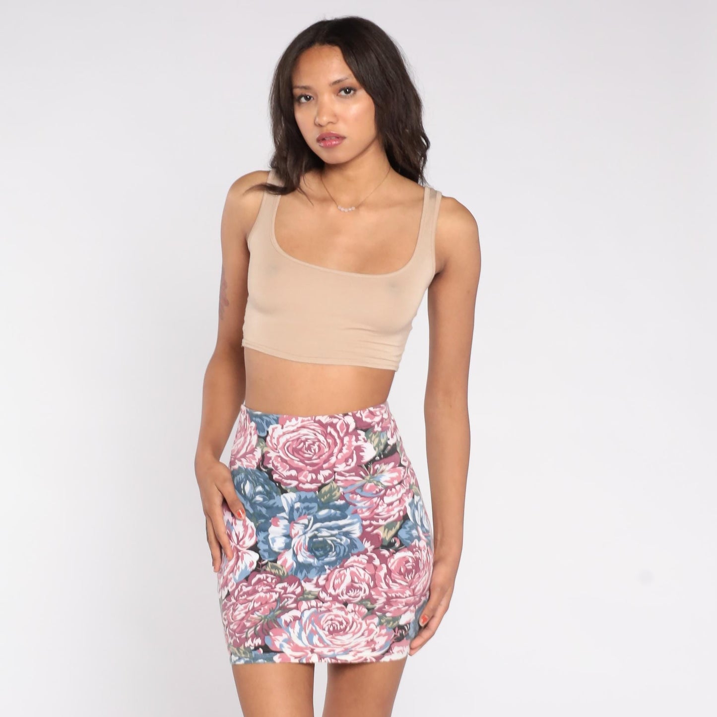 90s Express Floral Mini Skirt Rose Print Pink Blue High Waist Small S