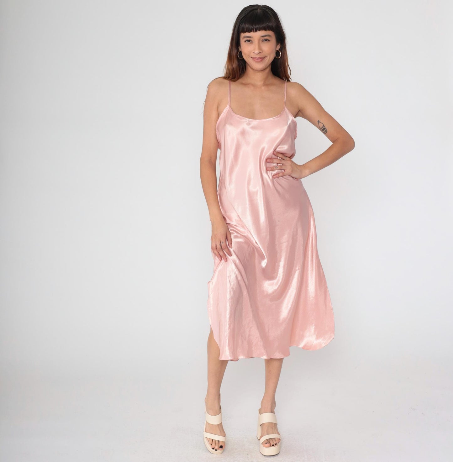 90s California Dynasty Pink Satin Slip Dress Maxi Spaghetti Strap Large L