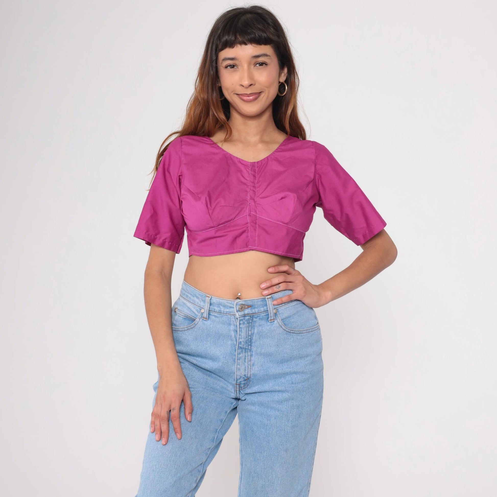 Y2K Magenta Crop Top V-Neck Choli-Inspired Blouse Small S