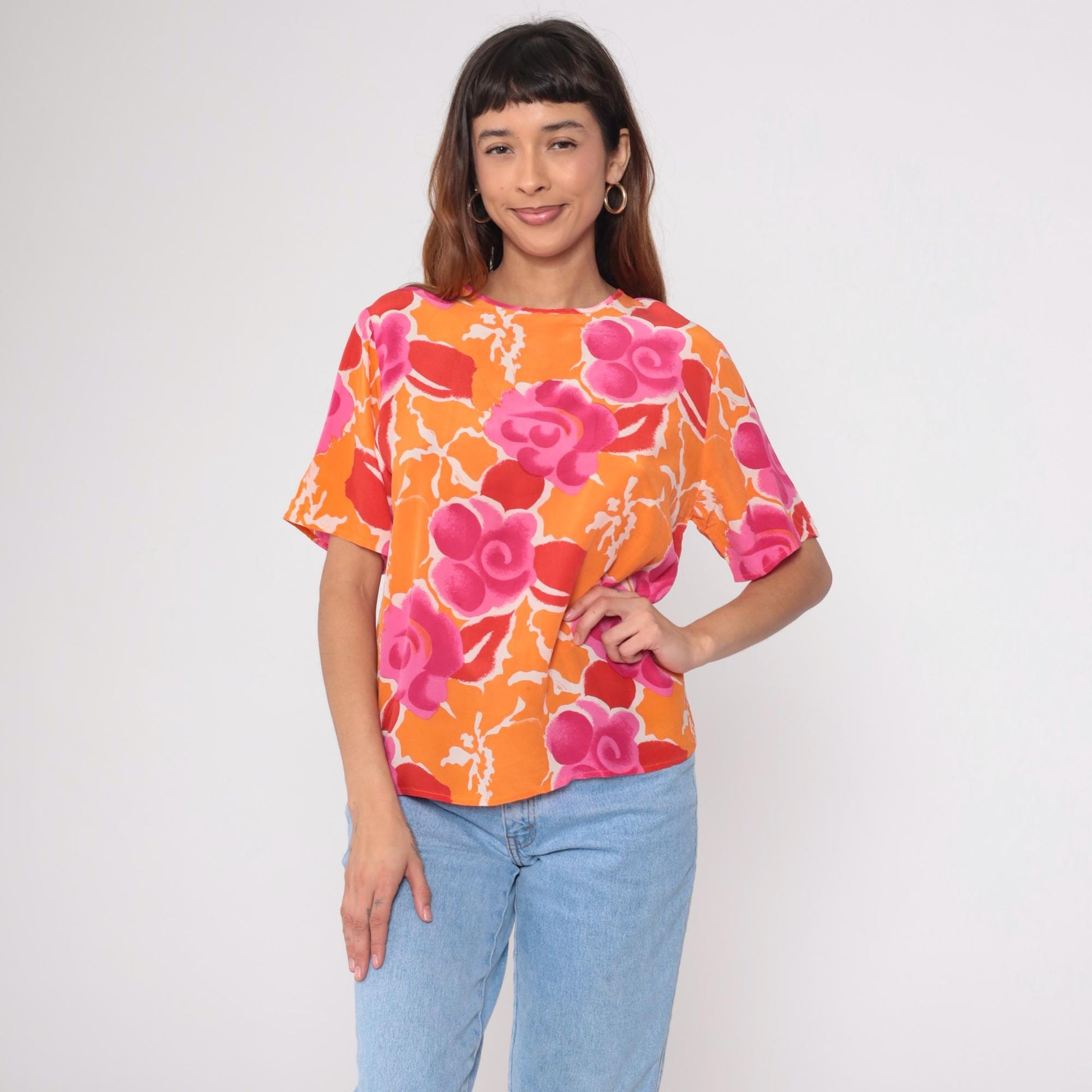 Y2K Christie and Jill Silk Blouse Floral Orange Pink Short Sleeve Medium M
